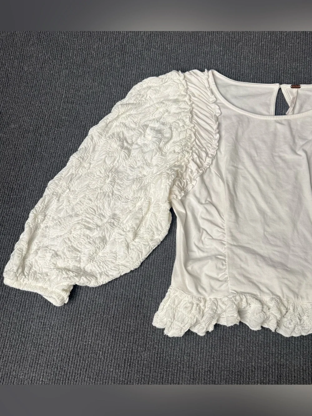 Free People Ivory Textured Puff Sleeve Peplum Blouse Size M